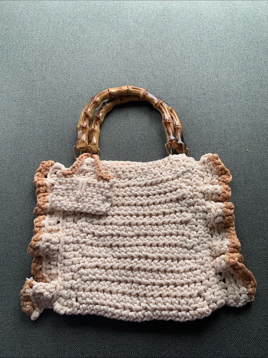 Handmade Handbags - Cream & Tan Crochet Tote with Bamboo Handles